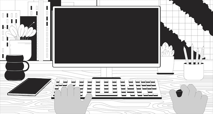 Vector black man working on computer 2d linear illustration concept