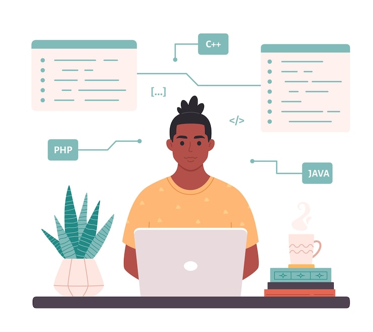 Vector black man working on laptop. it developer. programming, freelance, remote working