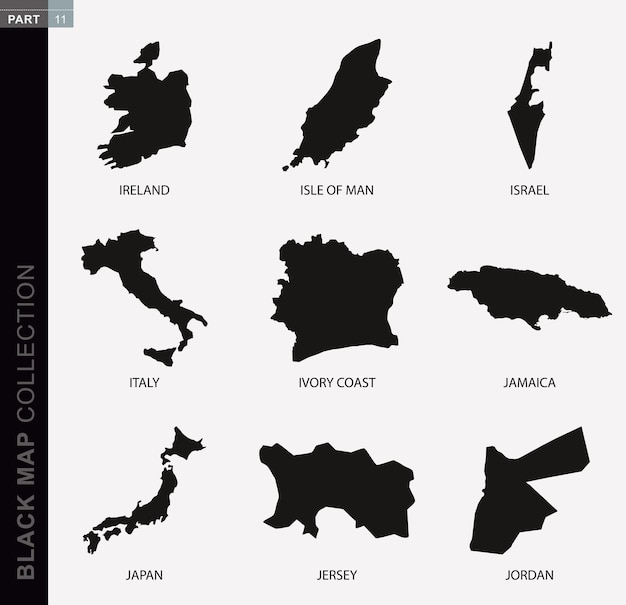 Vector black map collection, black contour maps of world. map collection part 11.