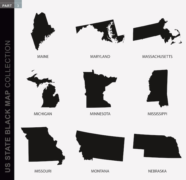 ベクトル 米国の州の黒の地図コレクション黒の等高線地図米国の州の地図コレクションパート3