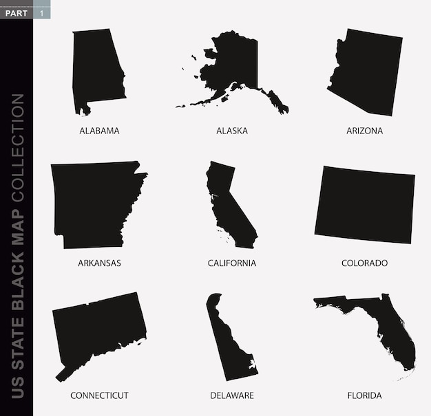 Vettore raccolta di mappe nere degli stati usa mappe di contorno nere raccolta di mappe degli stati usa parte 1