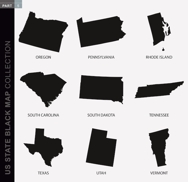 Vector black map collection of usa states black contour maps us state map collection part 5