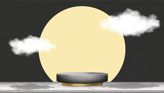Черный мраморный минимальный подиум с облаками на цилиндре из желтого золота.