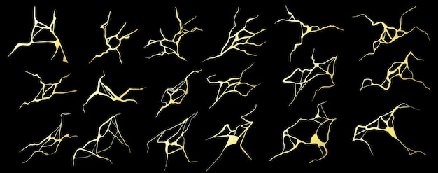 금색 킨츠기 균열과 균열이 있는 검은색 대리석 패턴. 고급스러운 황금빛 일본 모자이크 디자인. 빈티지 깨진 효과 벡터 텍스처 세트입니다. 무늬 질감 킨츠기 골드의 일러스트
