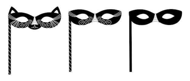 Vector black masquerade masks with sticks black and white vector illustration set