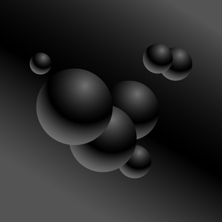Vector black matte abstract gradient background with 3d balls of different sizes colored spheres in falling