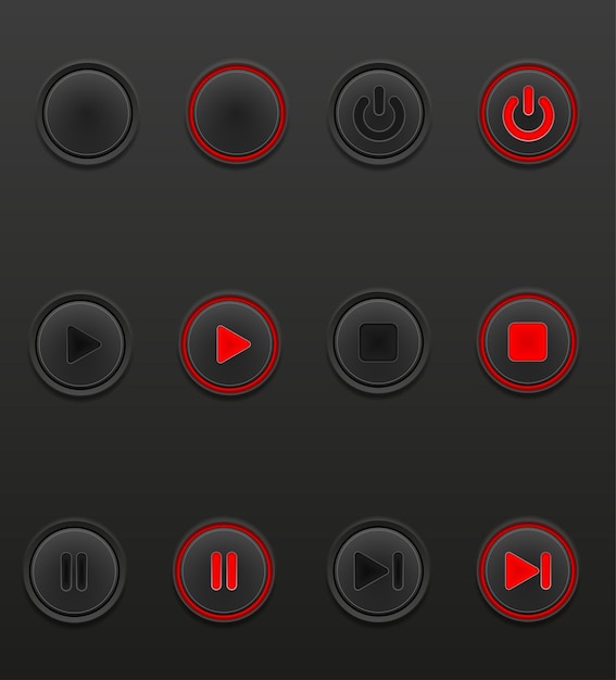 Vettore il pulsante nero dei media imposta le icone sulla posizione di attivazione e disattivazione dell'illustrazione vettoriale delle scorte