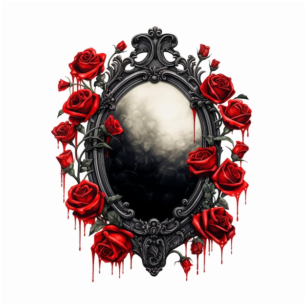 Vector black mirror surrounded by red roses watercolor paint