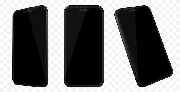 Vettore telefono cellulare nero con diverse angolazioni.