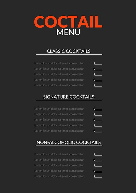 Вектор Черное современное минималистское коктейльное меню для ресторанов и баров
