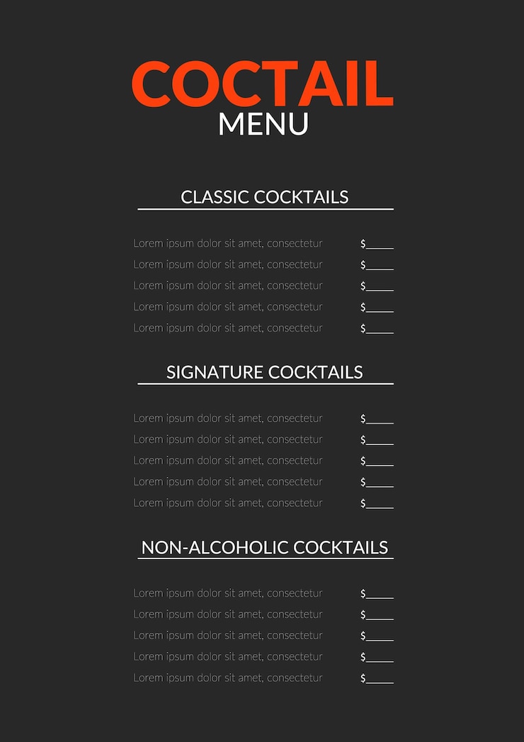 Vector black modern minimalistic cocktail menu for restaurants and bars