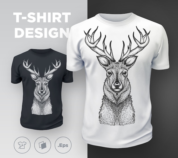 Black modern t-shirt print  with deer. .