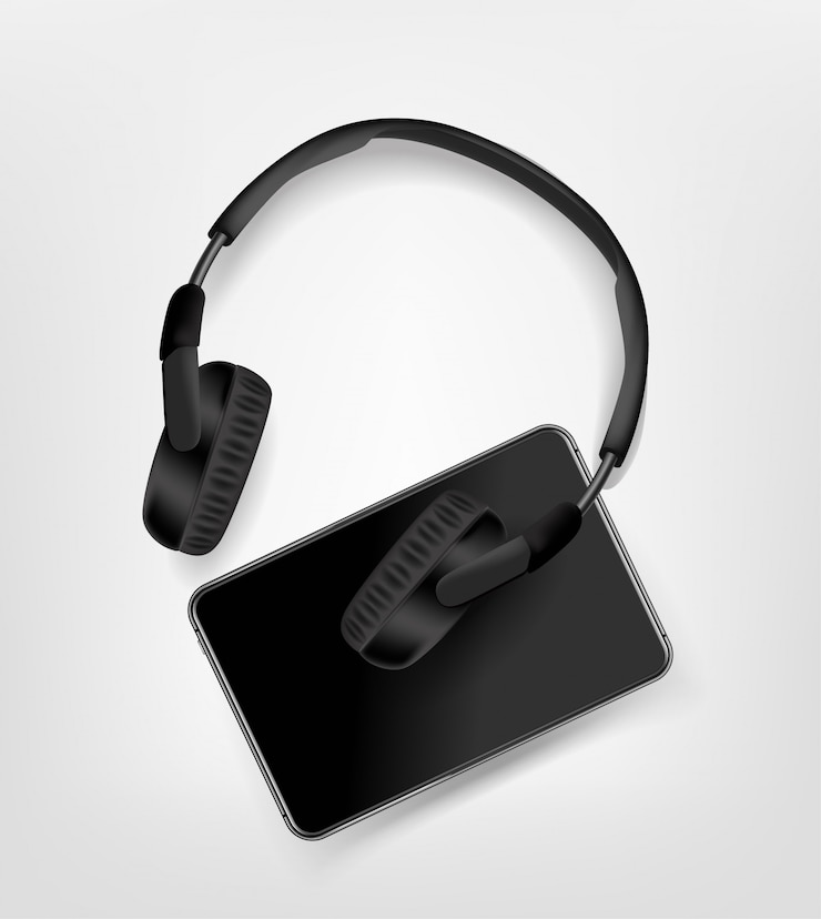 Vector black modern wireless headphones and black tablet