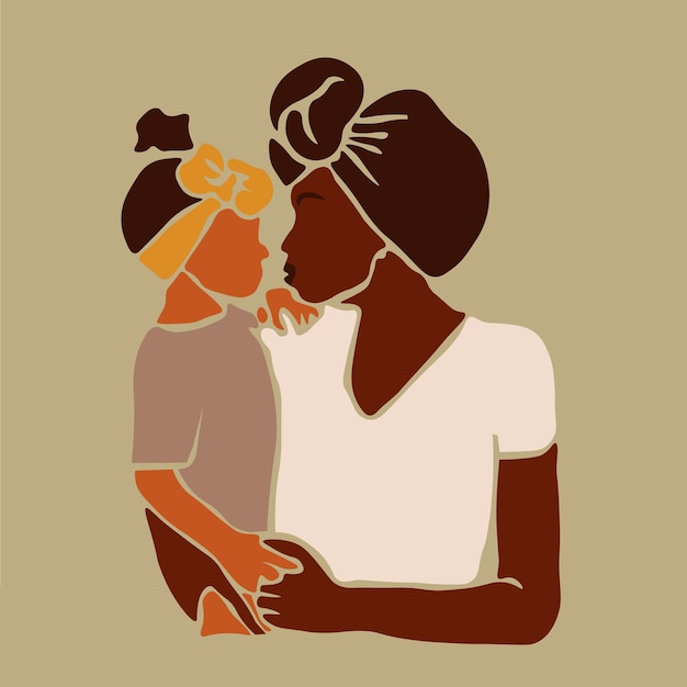 Black mother lifting up daughter in line art style vector