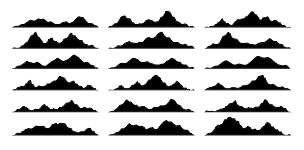 Vector black mountain hill and rock silhouettes set