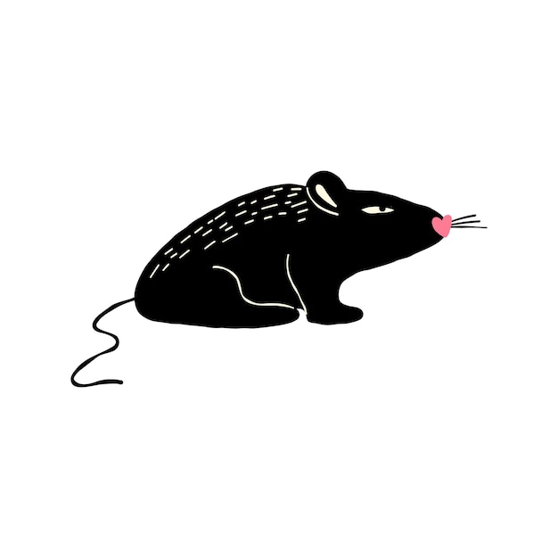 Black mouse hand drawn Cartoon comic illustration in doodle style