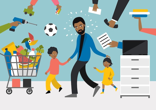 Black multitasking man Father Businessman with children working shopping and playing with kids