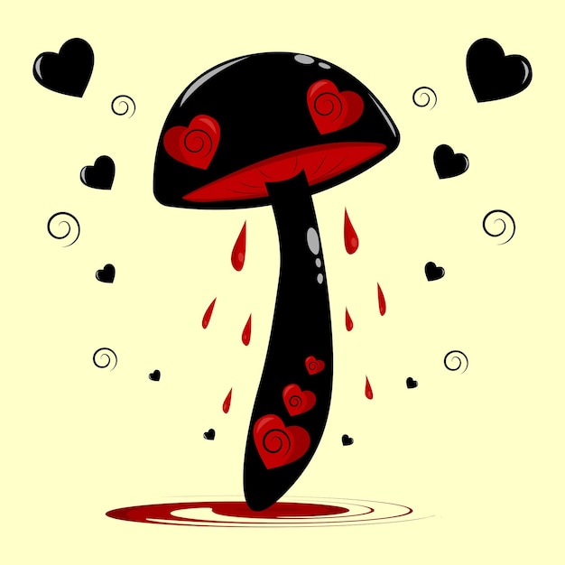 Black mushroom with red heartsbig bloody mushroom with black hearts on a light backgroundlove