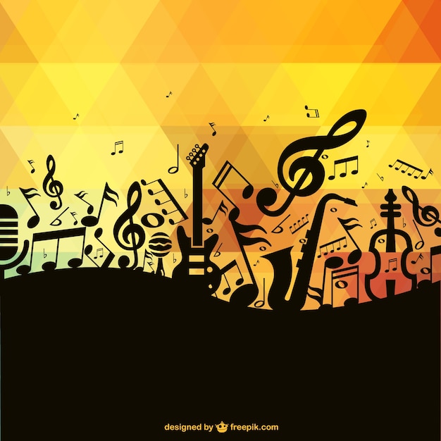 Black music notes and instruments and polygonal background