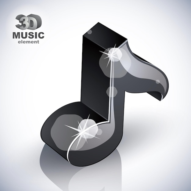 Black musical note icon from upper view isolated, 3d music design element, image contain transparent shadows reflections and flares  – ready to put over any background.