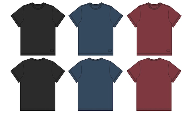 블랙 네이비 블루와 레드 T 셔츠 기술 드로잉 패션 평면 스케치 벡터 일러스트 템플릿