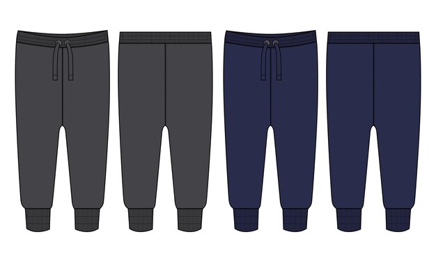 Vettore pantaloni della tuta di colore nero e blu scuro modello di illustrazione vettoriale per schizzo piatto di moda tecnica