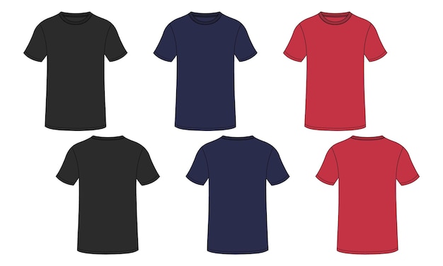 Black Navy Red Color T shirt Flat style Vector Illustration template isolated on white background