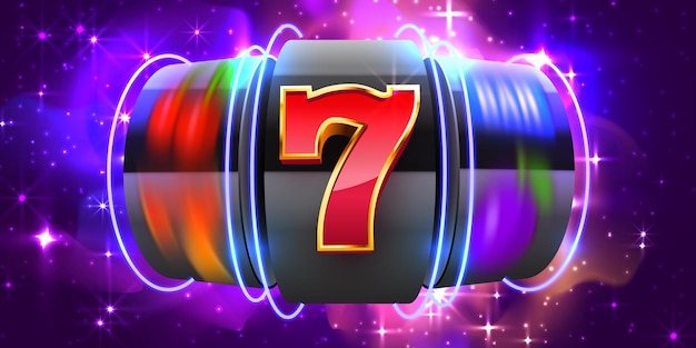 Vector black neon slot machine wins the jackpot. cosmos casino. 777 big win concept. vector illustration