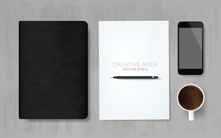 Vector black notebook and office object background on concrete texture.