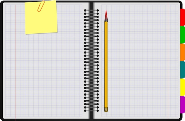 クリップされた黄色なしベクトル図で白い背景に黒いノートブックを開く