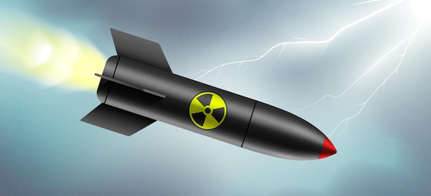 Black nuclear bomb flying on a dark sky background vector illustration