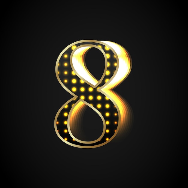 Vector black number eight is shiny with a golden frame glowing towards the right vector object