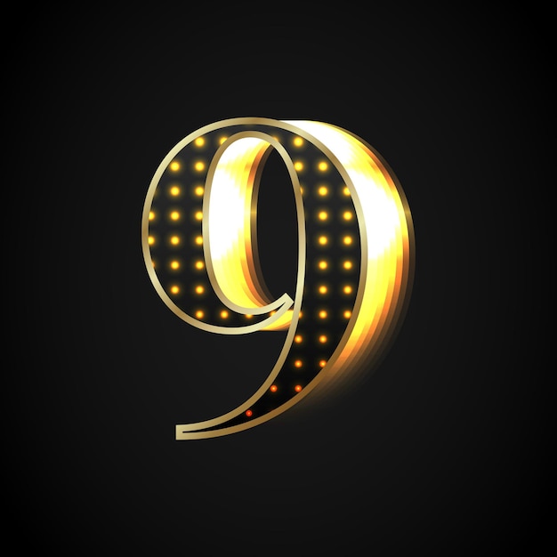 Black number Nine is shiny with a golden frame glowing towards the right Vector object