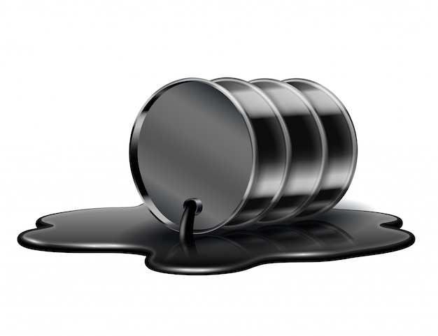 Черная нефтяная бочка лежит в пролитой луже сырой нефти. изолированные