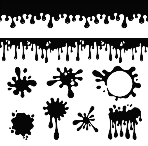 Black oil dripping, blots and splashes oil set isolated on a white background.