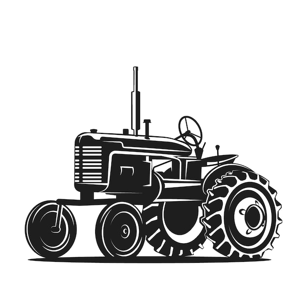 Vector black old tractor silhouette on white background