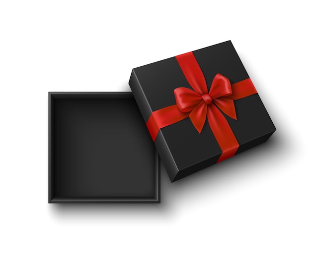 Black open gift box with red bow illustration