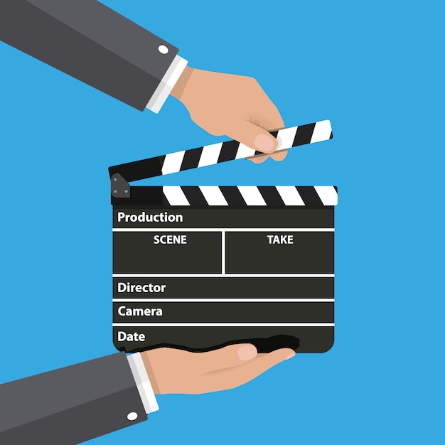 Vector black opened clapperboard in hands.