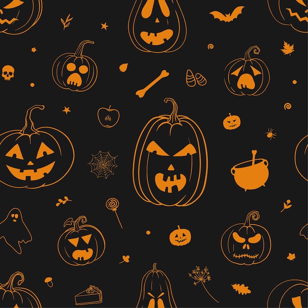 Black and orange Halloween pattern with carved pumpkins. Vector seamless pattern with pumpkins