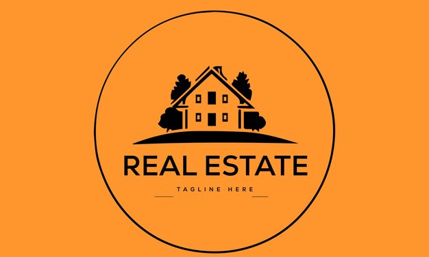 A black and orange logo with a house and trees on it.