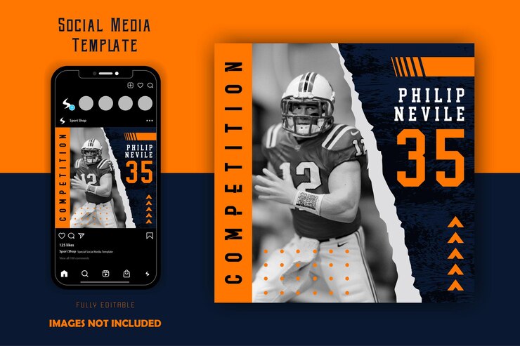 Vector black orange sport sporty football rugby social media post template