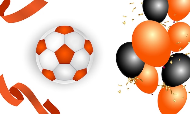 Black and orange sports background with soccer ball and ribbons realistic vector illustration