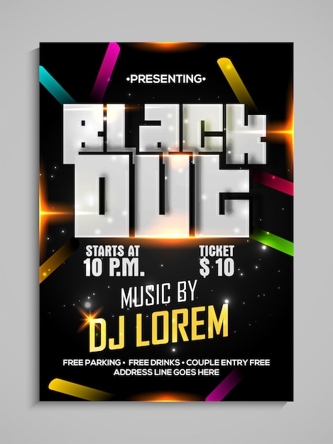 Black out, dance party template, dance party flyer, night party banner or club invitation presentation with details.
