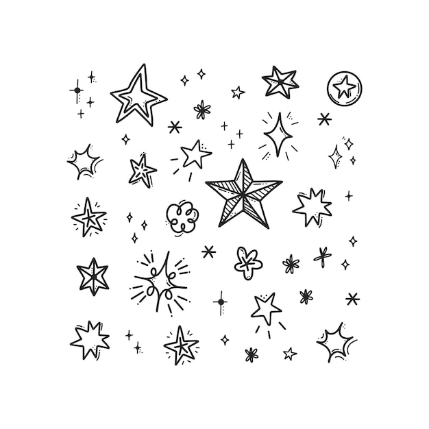 Black outline collection of hand drawn stars and snowflakes illustrations winter holidays design elements doodle vector drawing isolated on white background line art