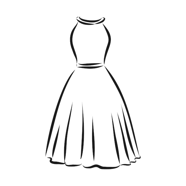 Black outline drawing isolated on white background womens dress vector sketch illustration