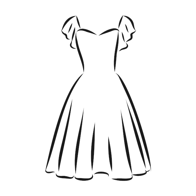 흰색 배경에 고립 된 검은 윤곽선 그리기 여자 드레스 벡터 스케치 그림
