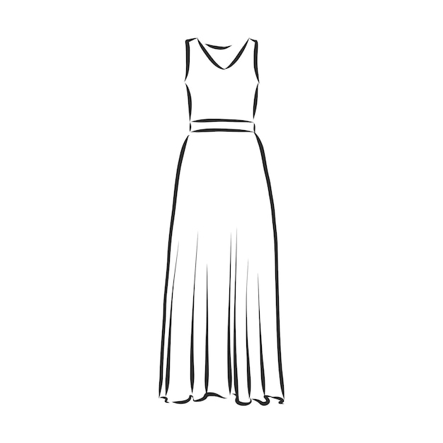 Black outline drawing isolated on white background womens dress vector sketch illustration