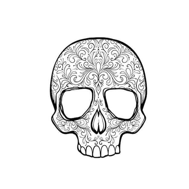 ベクトル ベクトルで頭蓋骨の黒の外形図。花と頭蓋骨、メキシコのチャレパ。死んだドラの日