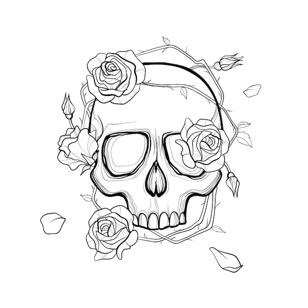 black outline drawing of a skull in vector. skull with flowers, Mexican charepa. day of the dead dra