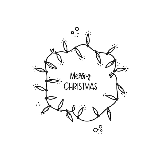 Черный контур рисованной композиции рождественской поздравительной открытки с рождественскими гирляндами, надписью, цитатой и украшениями, каракули, зимняя иллюстрация, линейное искусство